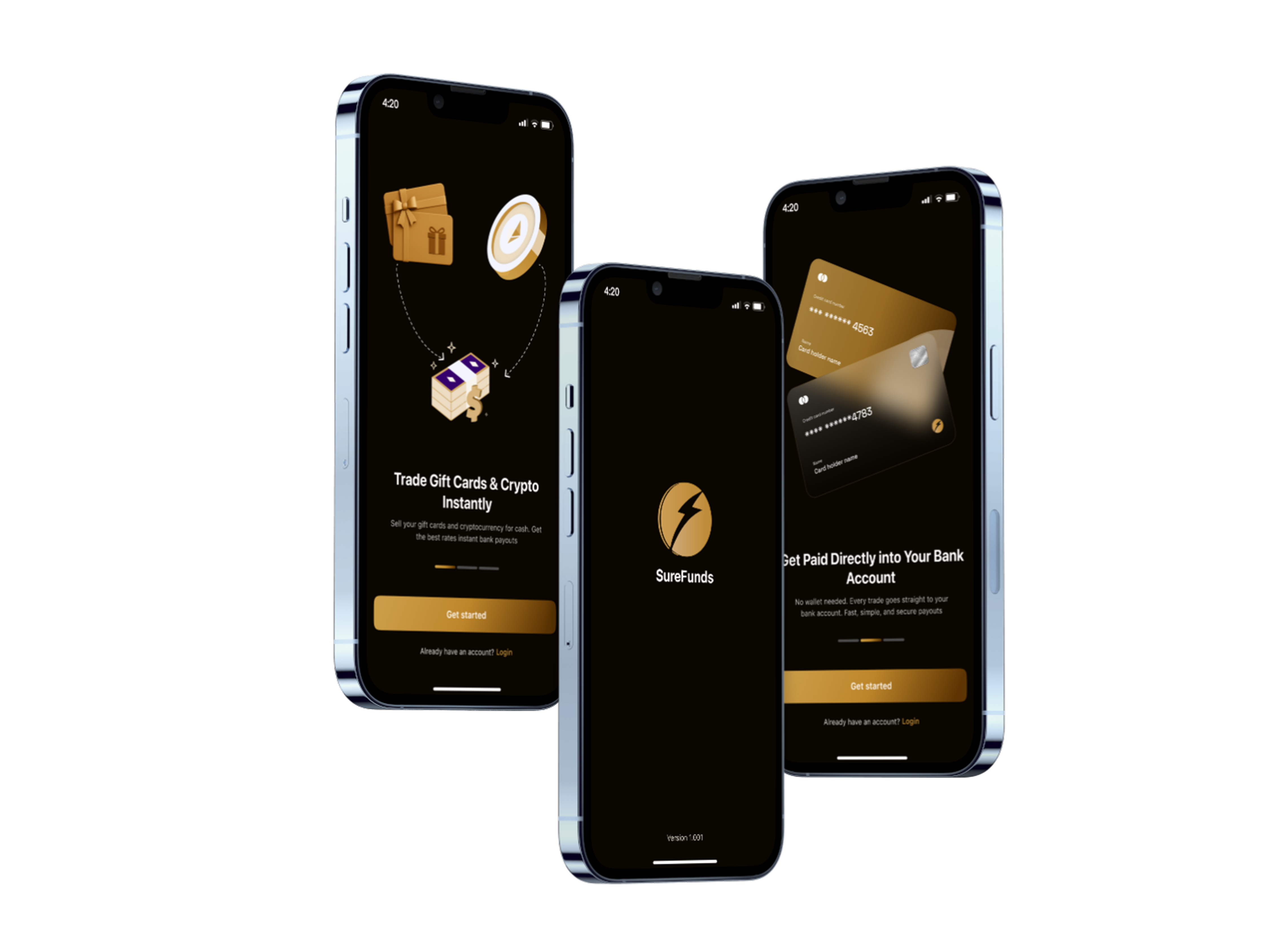 SureFunds Exchange fintech app UI design - Gift card and cryptocurrency trading platform designed by Mary Clement